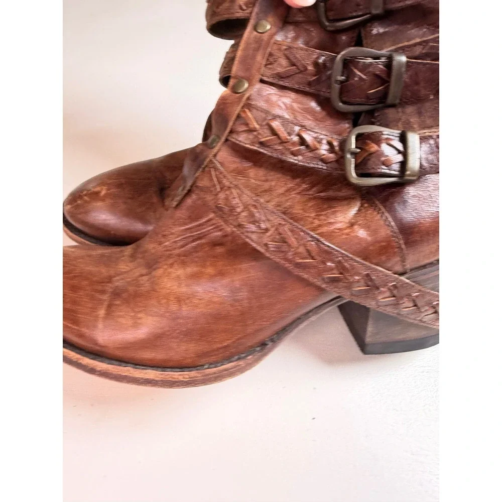 Bed Stu Glaye‎ Ankle Boots Womens Brown Size 8 Braided Triple Buckle Leather